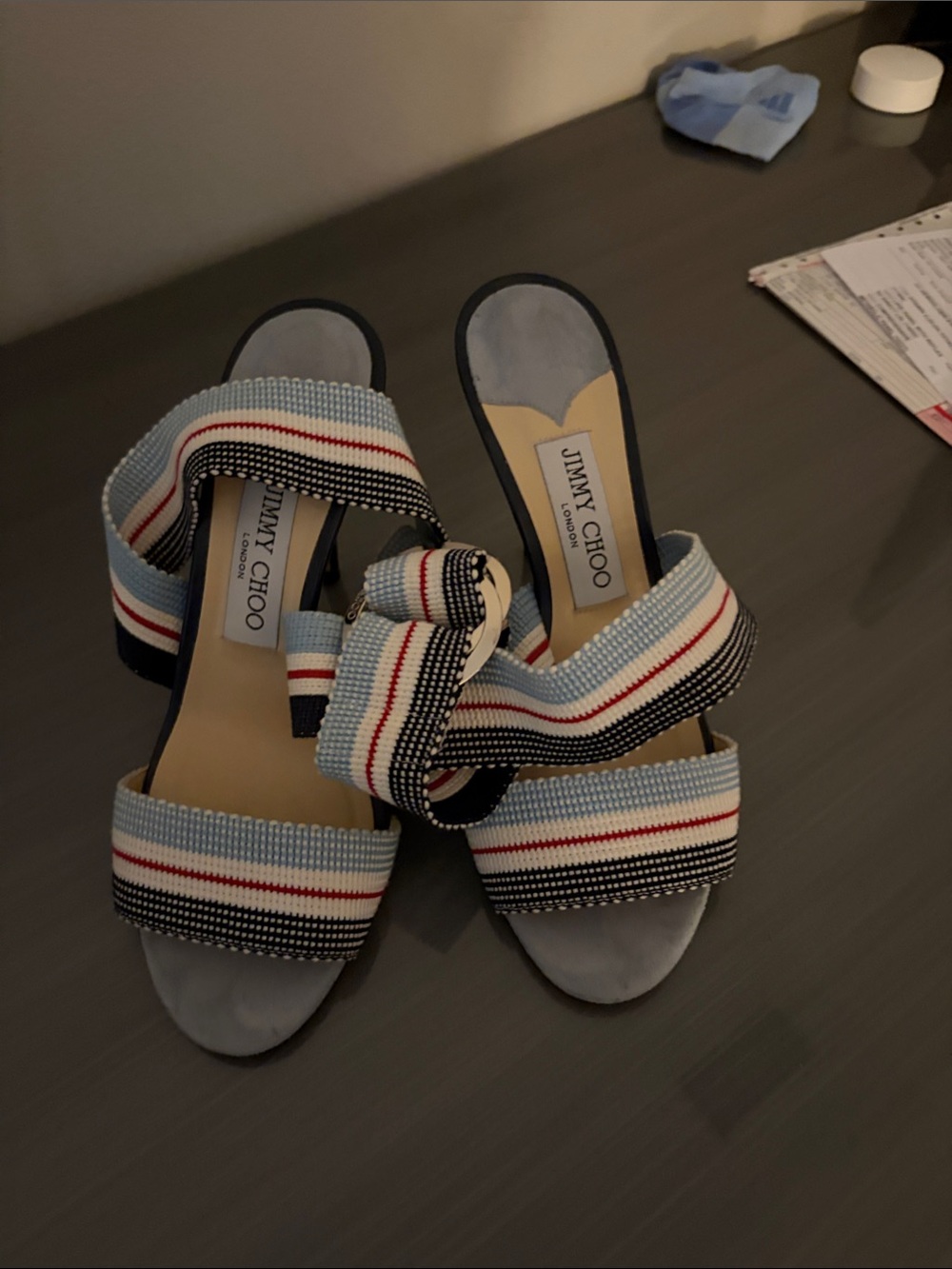 Jimmy Choo Light Blue, Red & Black Striped Slide Sandals